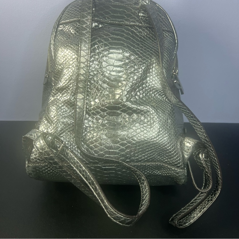 Michael Kors Rhea Silver Metallic Faux Snakeskin Python Embossed Backpack - Picture 9 of 17